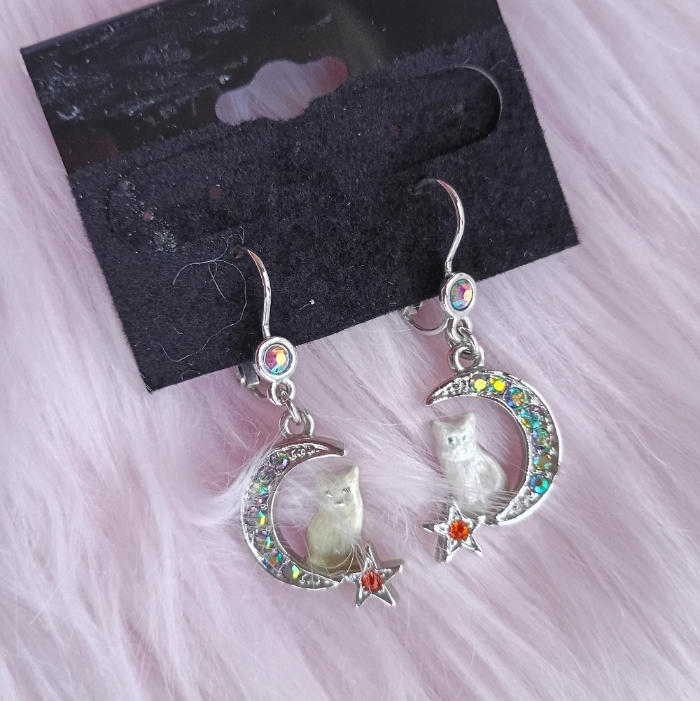 Kirks Folly Cat Moon Stars Dangle Earrings